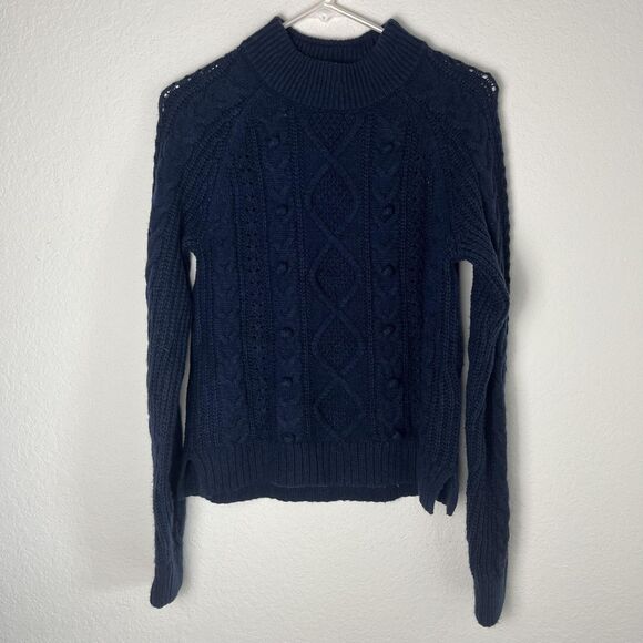 J Crew Sweater Womens Small Navy Blue Cable Knit Mock Neck Pullover Winter Warm - Picture 1 of 4